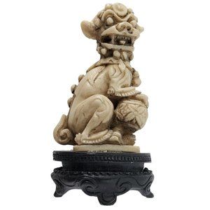 Chinese Foo Dog Resin Figurine Carved Black Wood Stand Ivory Color Stool Vintage